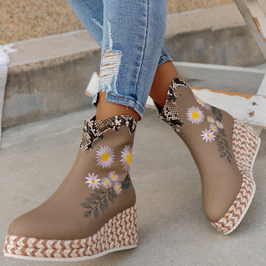 Autumn And Winter Thick Bottom Wedge Embroidered Retro Leisure Boots