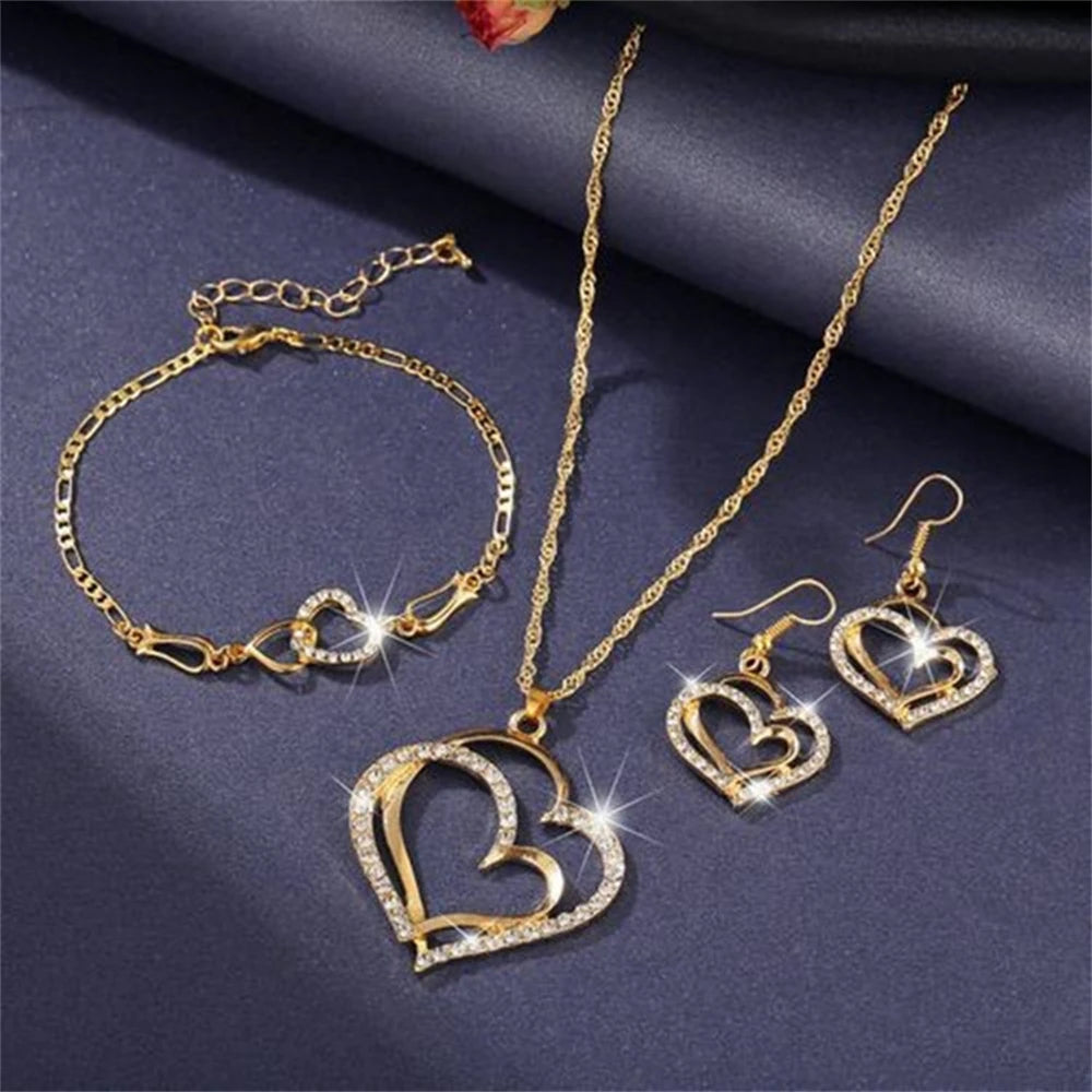 Exquisite Double Heart Necklace Earrings Bracelet Jewelry Set Charm Ladies Jewelry Fashion Bridal Accessory Set Romantic Gifts