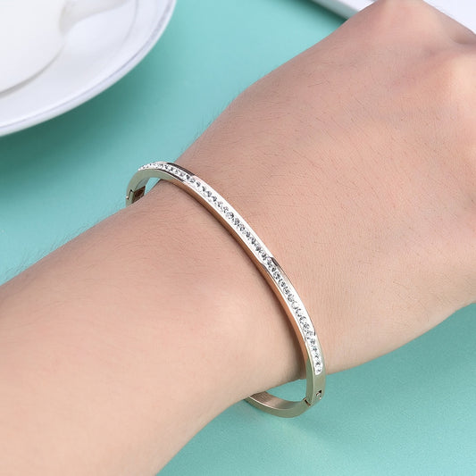 Bangle Bracelets With Two Line Crystal Rhinestone Pave Stainless Steel For Women