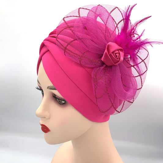 2023 New Feather Flower Turban Hats for Women