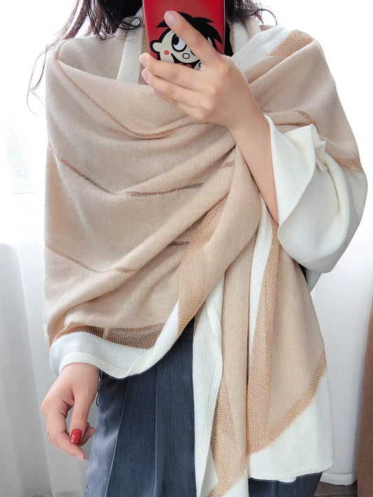 Soft to the heart! Luxury cashmere scarf women autumn and winter French style gold thread stitching long shawl dual-use