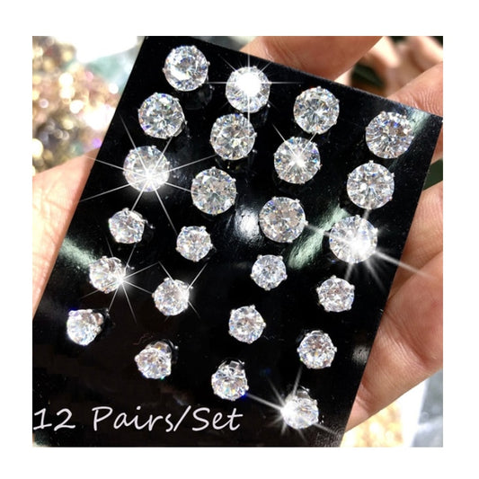 12 Pair/Pack Shiny Wedding Stud Earrings Set for Women