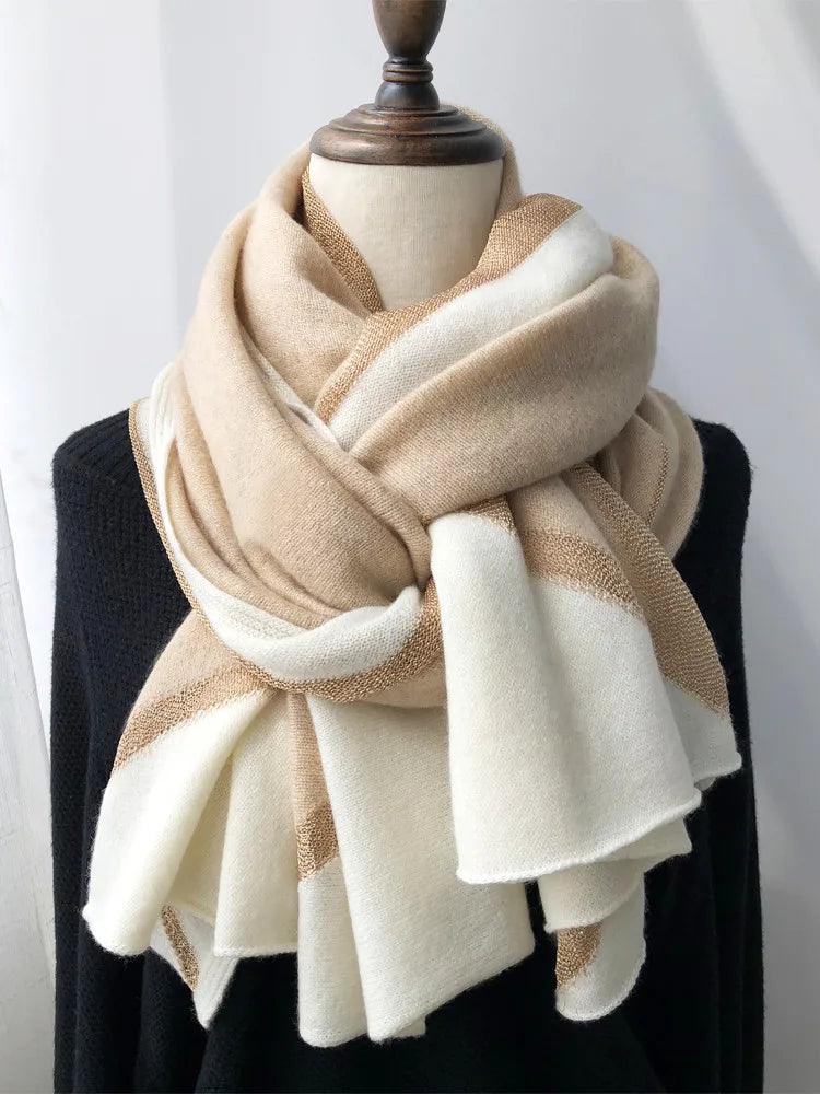 Soft to the heart! Luxury cashmere scarf women autumn and winter French style gold thread stitching long shawl dual-use