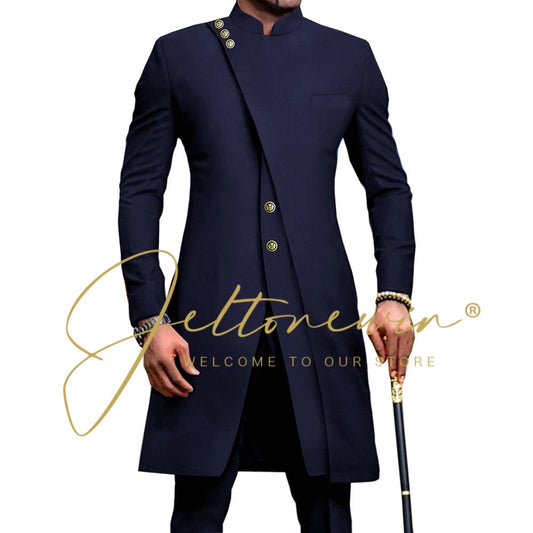 2023 African Style Stand Collar Male Navy Blue Groom Tuxedos