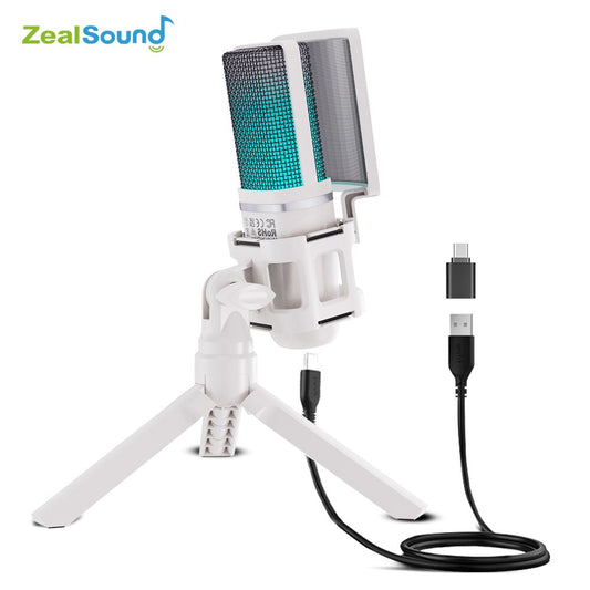 Zealsound USB-Kondensator-Aufnahmemikrofon, weißes RGB-Streaming-Mikrofon