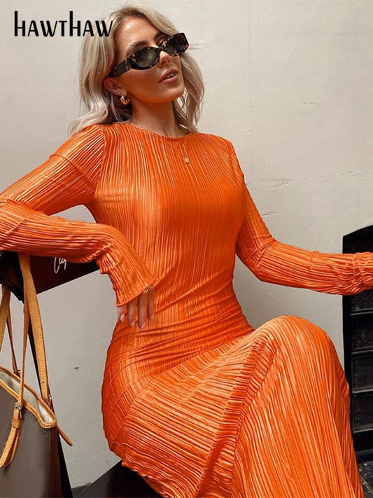 Damesmode oranje midi-jurk met lange mouwen