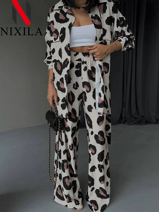 Womens Outifits Leopard Printed Elegant Women's Sets Casual Streetwear Long Sleeve Tops Wide Leg Pants Tracksuit Two Piece Sets