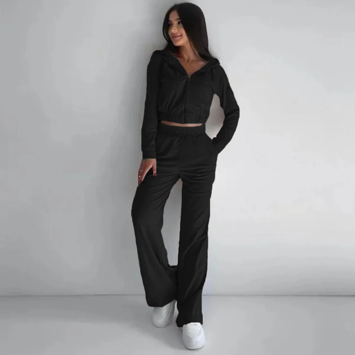 Women's Autumn/Winter Casual Long-sleeved Hoodie Sports Suit Solid Color Zipper Short Jacket Belted Tracksuit Lady Two-piece Set
