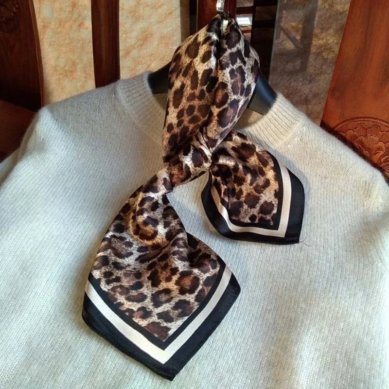 Leopard Head Hair Scarf for woman 100% Real Natural Silk Neckerchief Wraps Square Cycling Bandana Foulard Soft Kerchief Headscaf