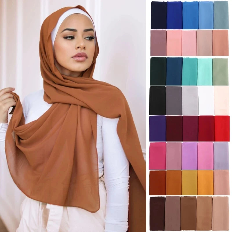 Ramadan Chiffon Hijab Scarf 72*175cm Solid Color Muslim Fashion Shawl Headscarves For Women Islam HeadWraps Ladies Scarves Veil
