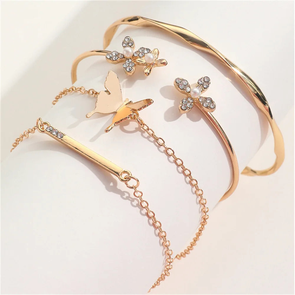 Vintage Gold Color Cuff Bracelet Set of 4 Stainless Steel Butterfly Bracelet Combination Fashion Elegant Bracelet Jewelry Gifts