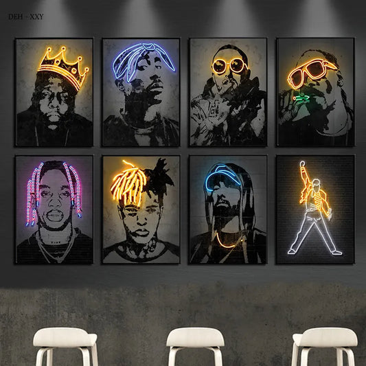 Abstract Neon Design Rapper Star Posters 2Pac Hip Hop Singers Wall Art