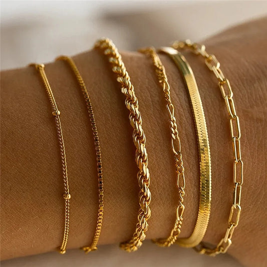 6Pcs Gold Color Multilayer Bracelet Set Boho Retro Thick Twist Cuban Chain Bracelet for Women 2024 Trendy Quality Jewelry Gifts