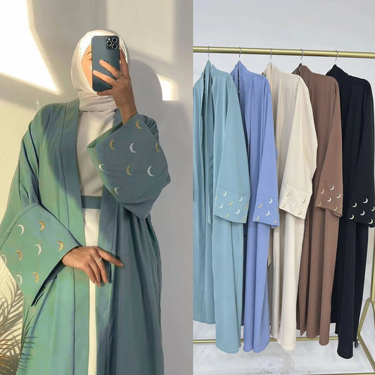 Moon Embroidery Abayas for Women Dubai Turkey Kaftan Eid Ramadan Jalabiya Kimono Cardigan Arabic Robe Islamic Coat Muslim Dress