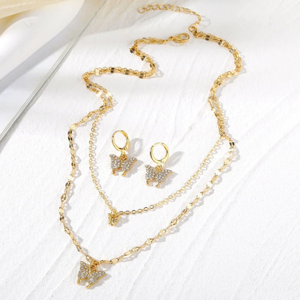 EN Wedding Fashion Butterfly Pendant Necklace & Earrings Set New Trend Crystal Jewelry Set For Women Girls Gifts