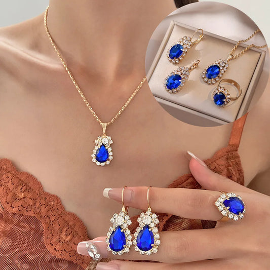 Blue Cyrstal Ring Necklace Earrings Set Wedding Jewelry Sets For Brides Pendant Earrings For Girls Women African Jewelry Sets