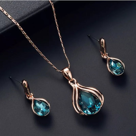 Fashion European and American Blue Zhihai Creative Geometric Wedding Earrings Necklace Set Women's Blue Green Water Drop Set