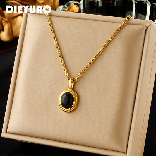 Oval Black White Stone Pendant Necklace For Women