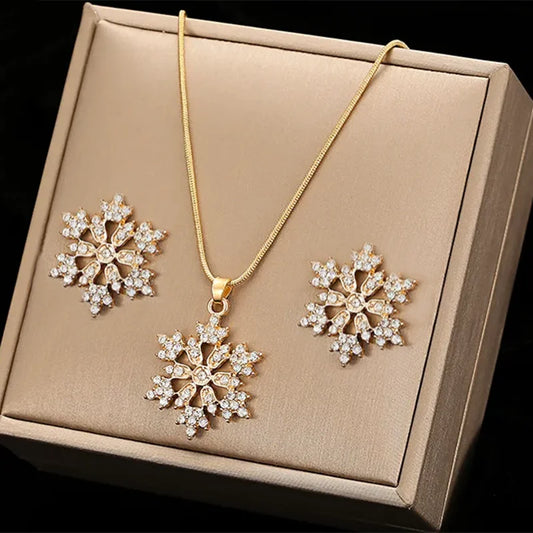 Luxury Necklace Earrings 3-piece Set of Zircon Snowflake Pendant Engagement Necklaces for Women Stainless Steel Jewelry Gift