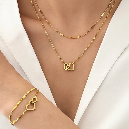 Stainless Steel Jewelry Sets High-end Atmosphere Love Bracelet Love Necklace Double Chain Design Jewelry Sets For Women Jewelry