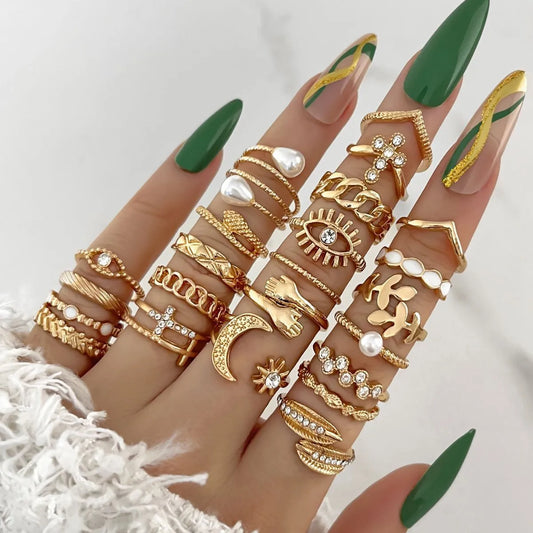 Bohemian Geometric Knuckle Rings Set For Women Eye Cross Sun And Moon Leaf Charm Finger Ring Female Fashion Party Jewelry
