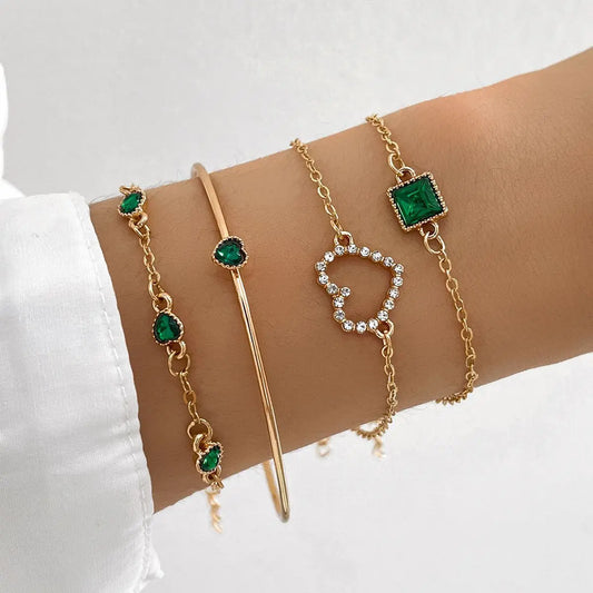4Pcs Set Fashion Square Emerald Heart Bracelets for Women Charm Zircon Gold Color Bangles Wedding Bride Jewelry Accessories Gift