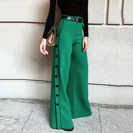 Yeezzi Autumn Female Trousers Fashion Green Button High Waist