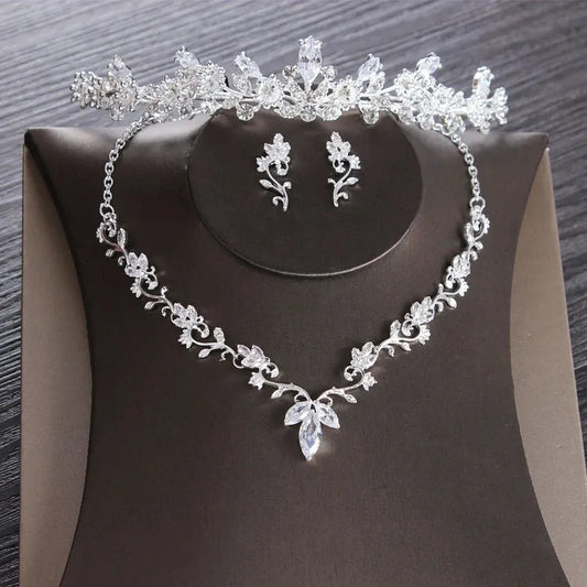 Deluxe Cubic Zirconia Leaf Bridal Jewelry Set Wedding Jewelry Set Rhinestone Crown Crown Necklace Earrings