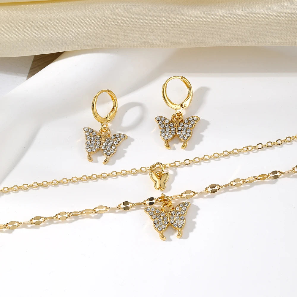 EN Wedding Fashion Butterfly Pendant Necklace & Earrings Set New Trend Crystal Jewelry Set For Women Girls Gifts