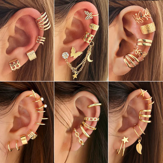 Gold Silver Color Leaves Clip Earrings for Women Creative Simple C Butterfly Ear Cuff Non-Piercing Ear Clips Set Trendy Jewelry