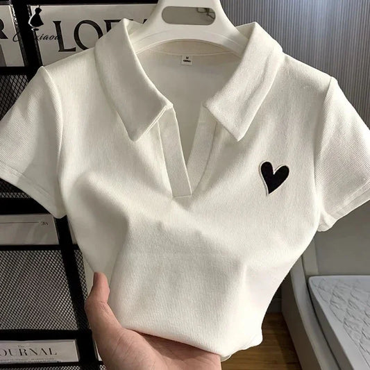 Loves Embroidery T-shirt Polo Collar Orthoshoulder Slim