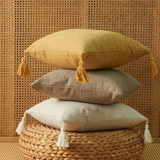 Solid Plain Linen Cotton Pillow Cover With Tassels