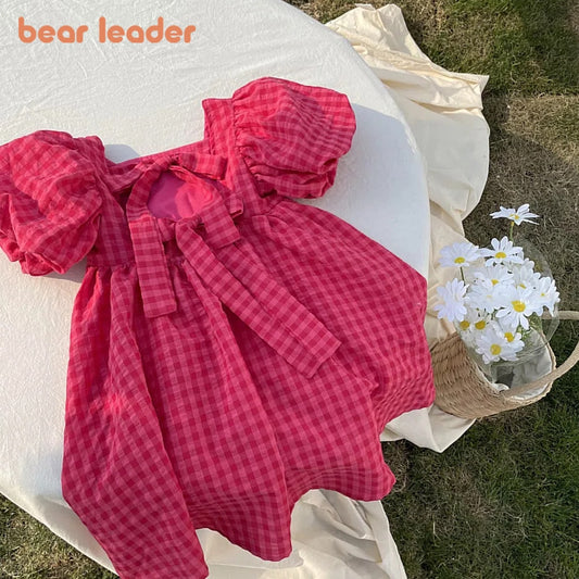 Bear Leader Rose Pink Plaid Bow Dress
