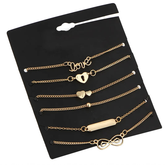 6pcs Trend Infinity 8 Bowknot Heart Key Charm Chain Bracelets & Bangles Minimalist Women Tiny Set Party Jewelry