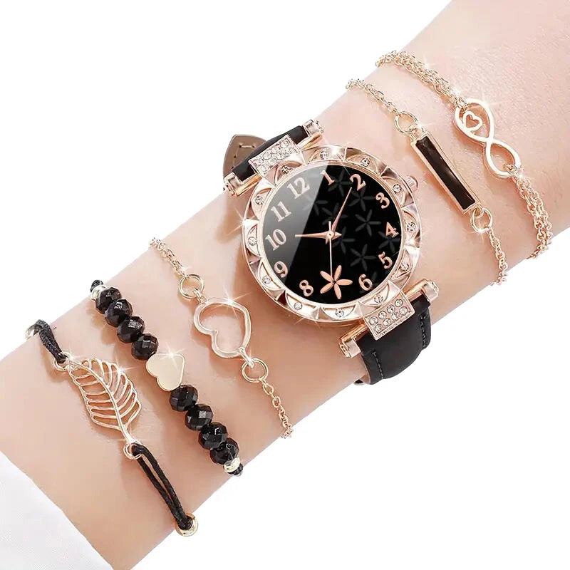 6pcs/set Women's Watch Casual Flower Quartz Watch PU Leather Wrist Watch Bracelets Combination Set Jewelry Gift For Women Girl
