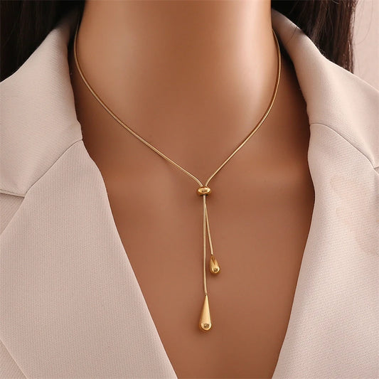 316L Stainless Steel New Fashion Fine Jewelry Pulling Adjustment Droplet Shape Charm Chain Choker Necklaces Earring For Women