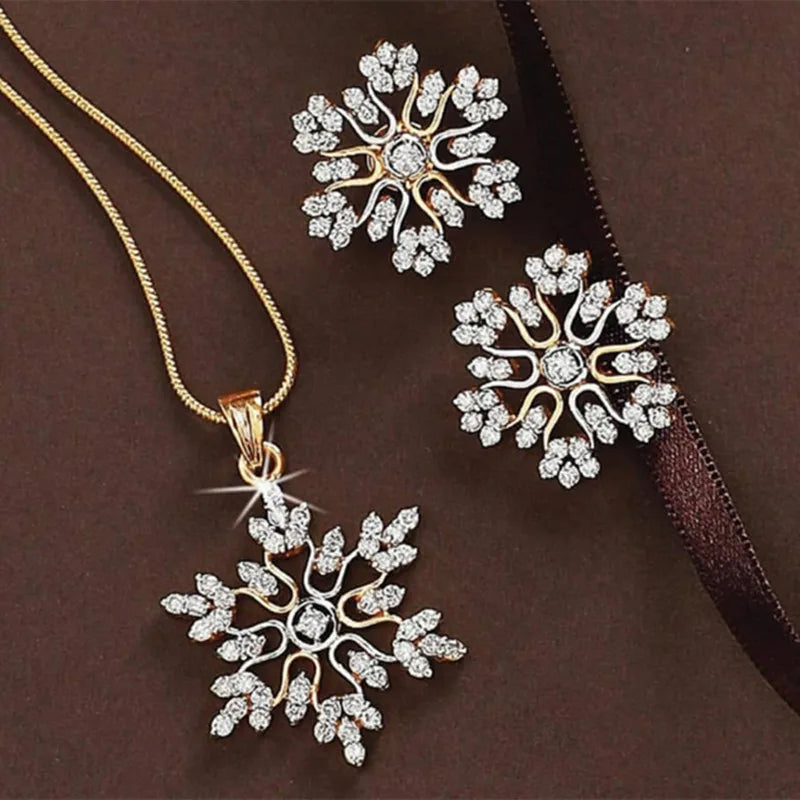 Luxury Necklace Earrings 3-piece Set of Zircon Snowflake Pendant Engagement Necklaces for Women Stainless Steel Jewelry Gift