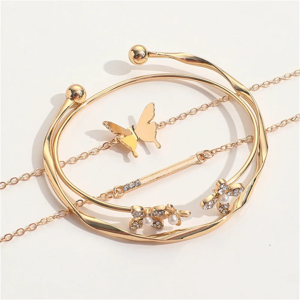 Vintage Gold Color Cuff Bracelet Set of 4 Stainless Steel Butterfly Bracelet Combination Fashion Elegant Bracelet Jewelry Gifts