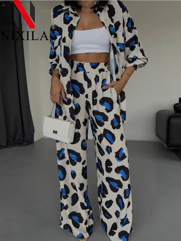 Womens Outifits Leopard Printed Elegant Women's Sets Casual Streetwear Long Sleeve Tops Wide Leg Pants Tracksuit Two Piece Sets