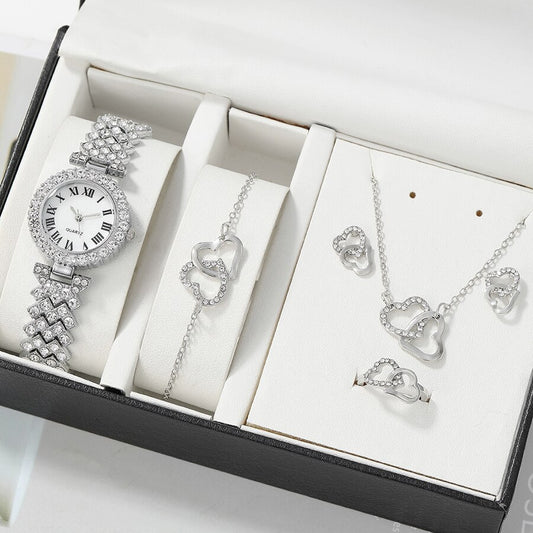 6pc Dainty Quartz Watch With Heart Jewelry Set For Women