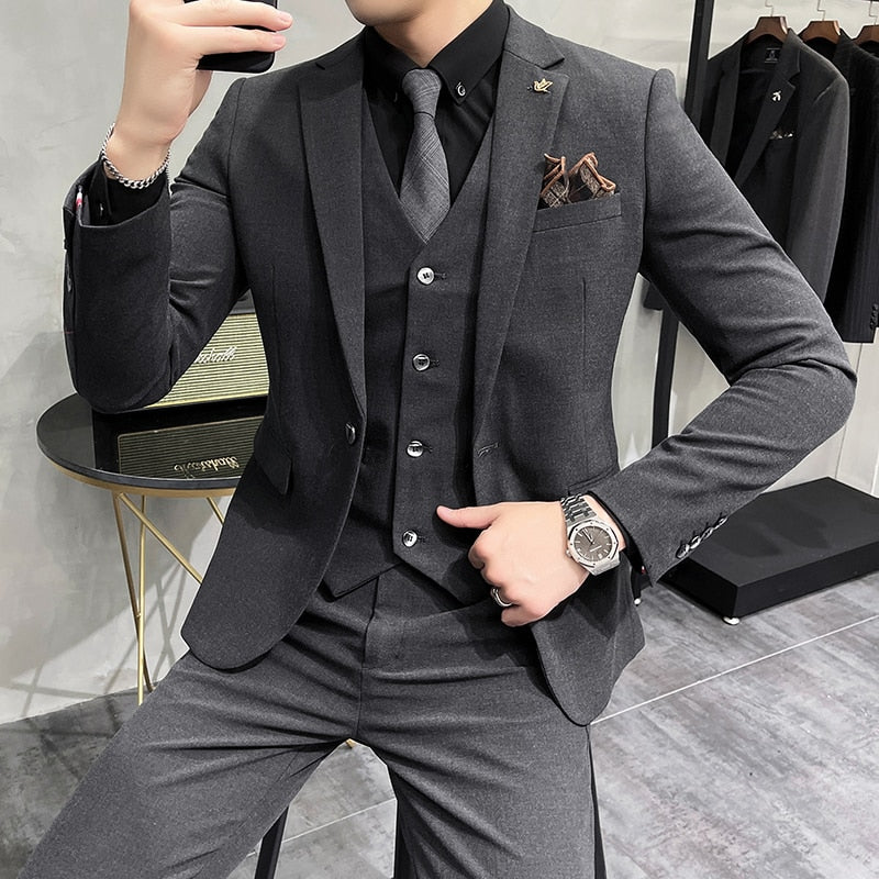 ( Jacket + Vest + Pants ) High-end Brand Boutique Fashion Solid Color Mens