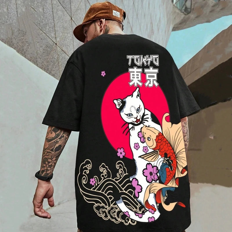 Summer Men's T-Shirt 3d Samurai Cat Print Short Sleeve T-Shirt For Men Street Hip Hop Men Clothes Oversized Quick Dry Tees Tops