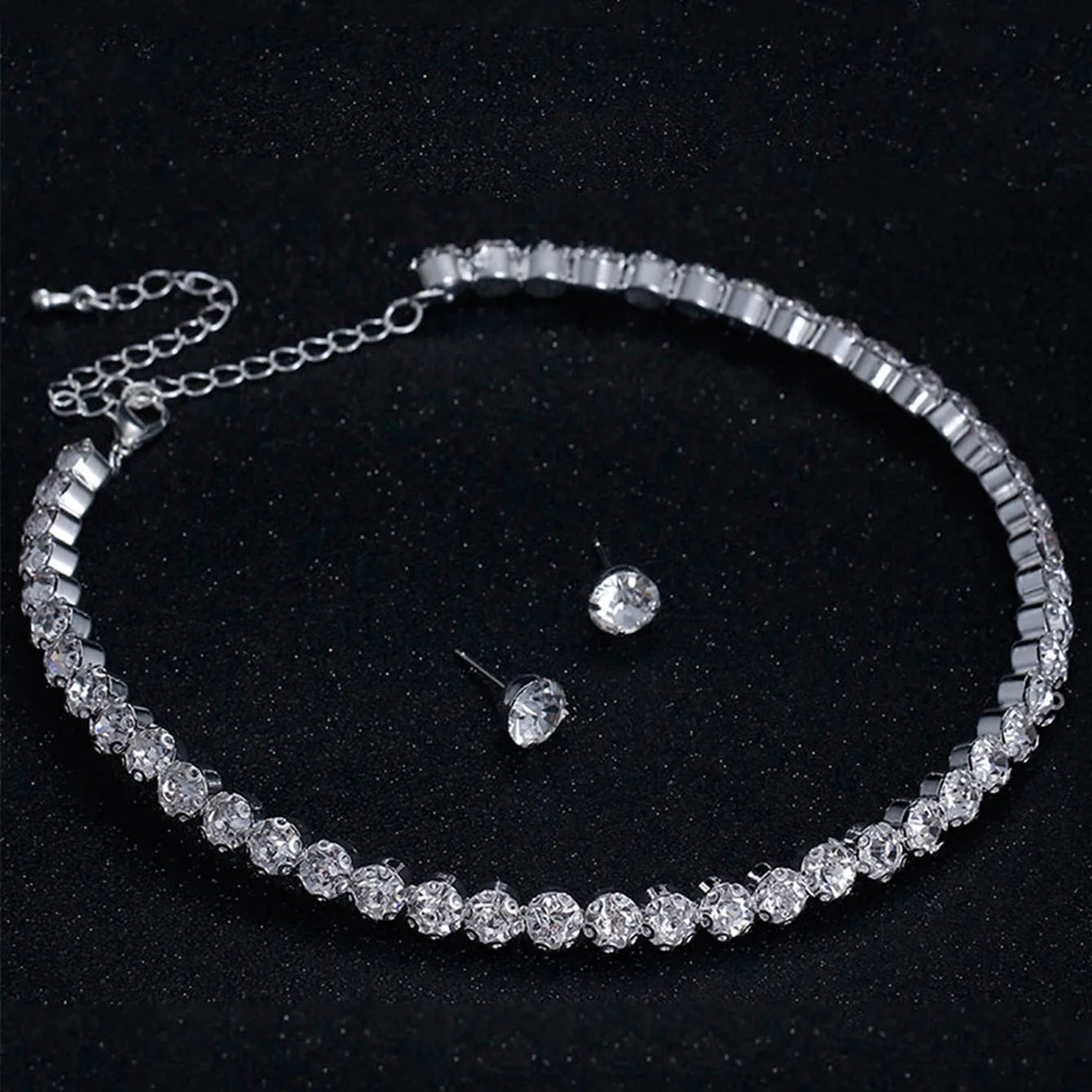 Luxury Round Crystal Jewelry Set for Women Charm Silver Color Bracelet Stud Earring Zircon Chain Necklace Wedding Party Jewelry