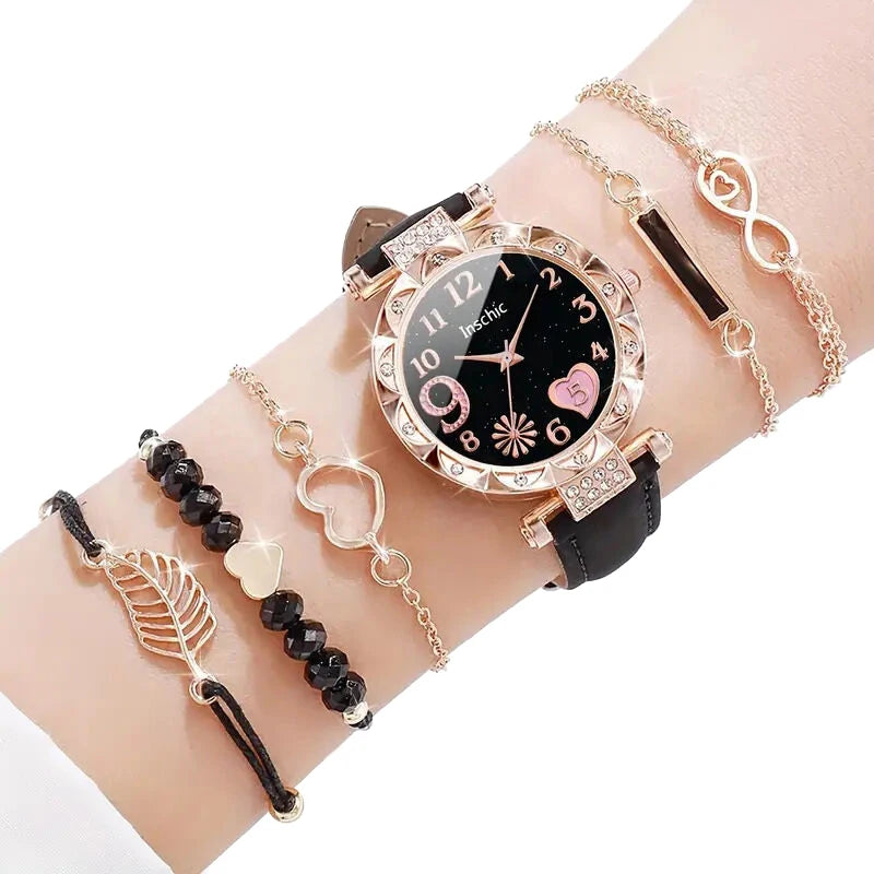 6pcs/set Women's Watch Casual Flower Quartz Watch PU Leather Wrist Watch Bracelets Combination Set Jewelry Gift For Women Girl