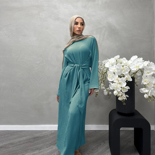 Eid Mubarak Abayas for Women Muslim Belted Maxi Dress Arabic Robe Kebaya Caftan Marocain Femme Musulmane Jalabiya Dubai Kaftan