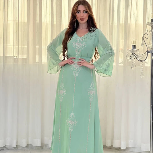 Saudi Arabic Dubai Fashion Diamonds Evening Wedding Party Dresses for Women Muslim Eid Ramadan Abaya Jalabiya Robe Kaftan Gown