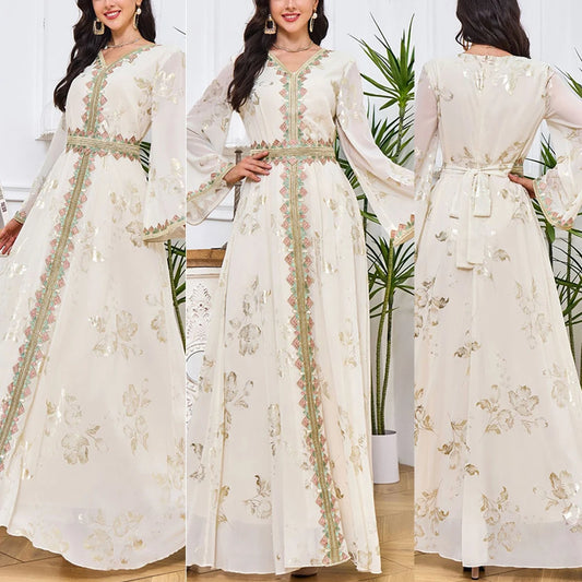 Long Sleeve Embroidered Muslim Clothing Moroccan Dress Women Muslim Kaftan Belted Abaya Ramadan Jalabiya Eid Wedding Party Dress